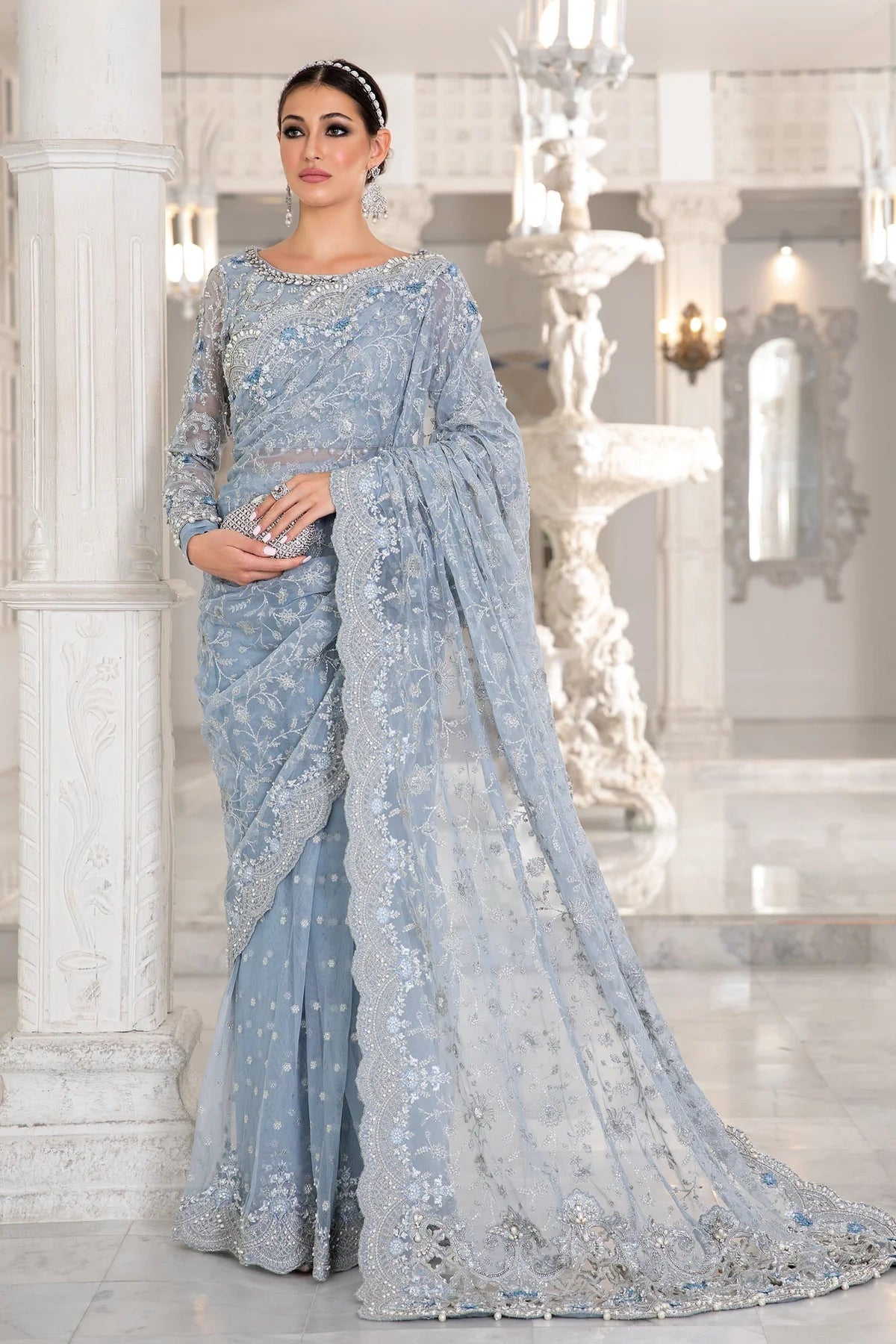 Maria B Ice Blue Exclusive Net Saree