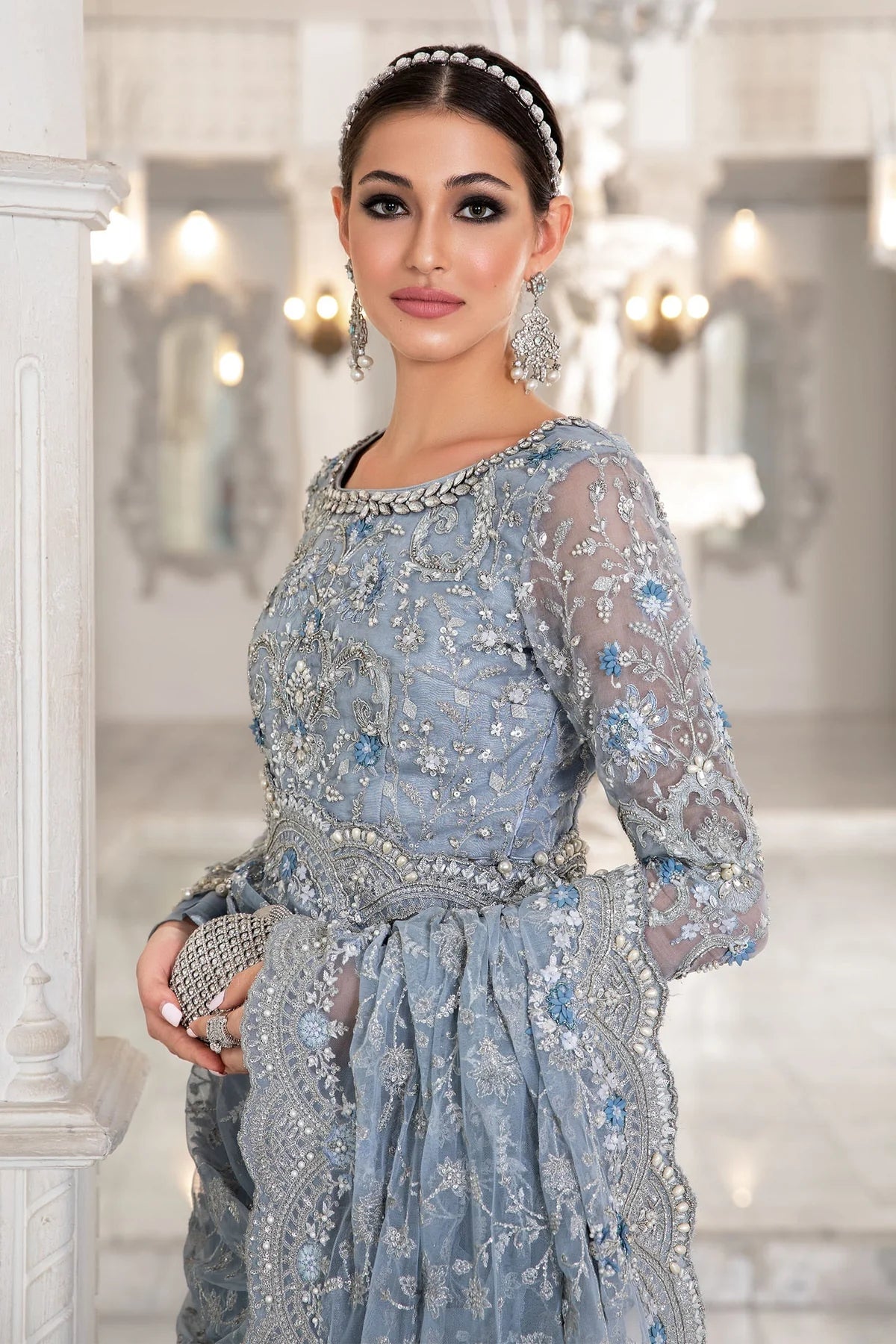 Maria B Ice Blue Exclusive Net Saree